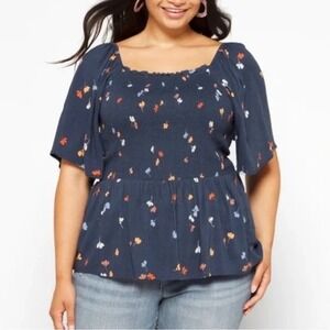 Market & Spruce Avira Smocked Bodice Top NWT Navy Floral  Short Sleeve‎ Peplum S